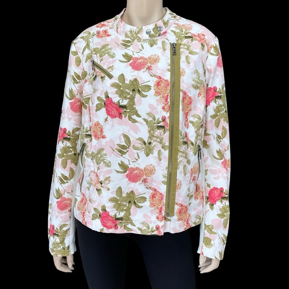 Lane Bryant Jackets & Blazers - Lane Bryant Jacket Women 18 Ivory Pink Floral Long Sleeve Zip Moto Pockets NWT